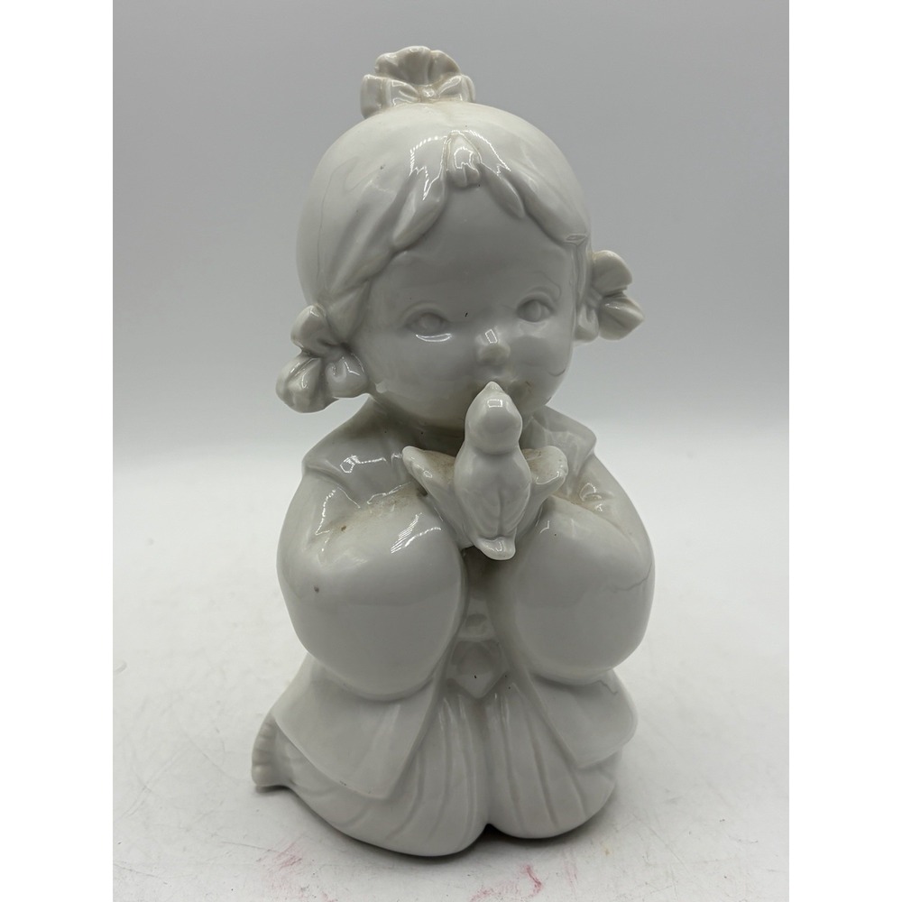 Vintage White Porcelain Girl Holding Bird Figurine 6" Tall Glossy White‎